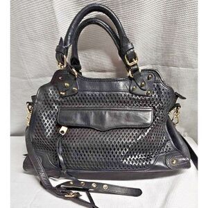 REBECCA MINKOFF black leather webbed studded crossbody double handles handbag